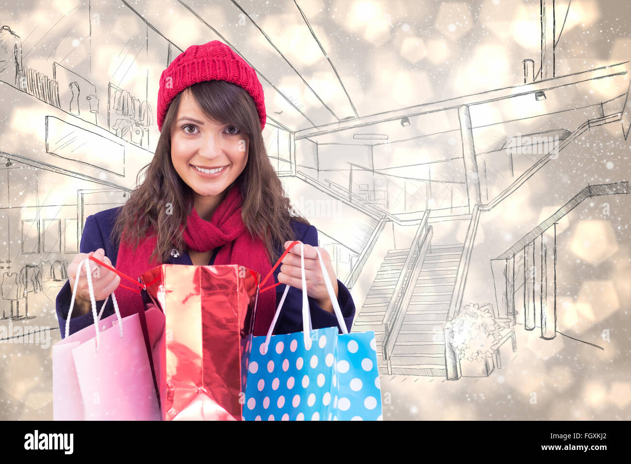 Zusammengesetztes Bild des lächelnden Brünette öffnen Geschenktüte Stockfoto