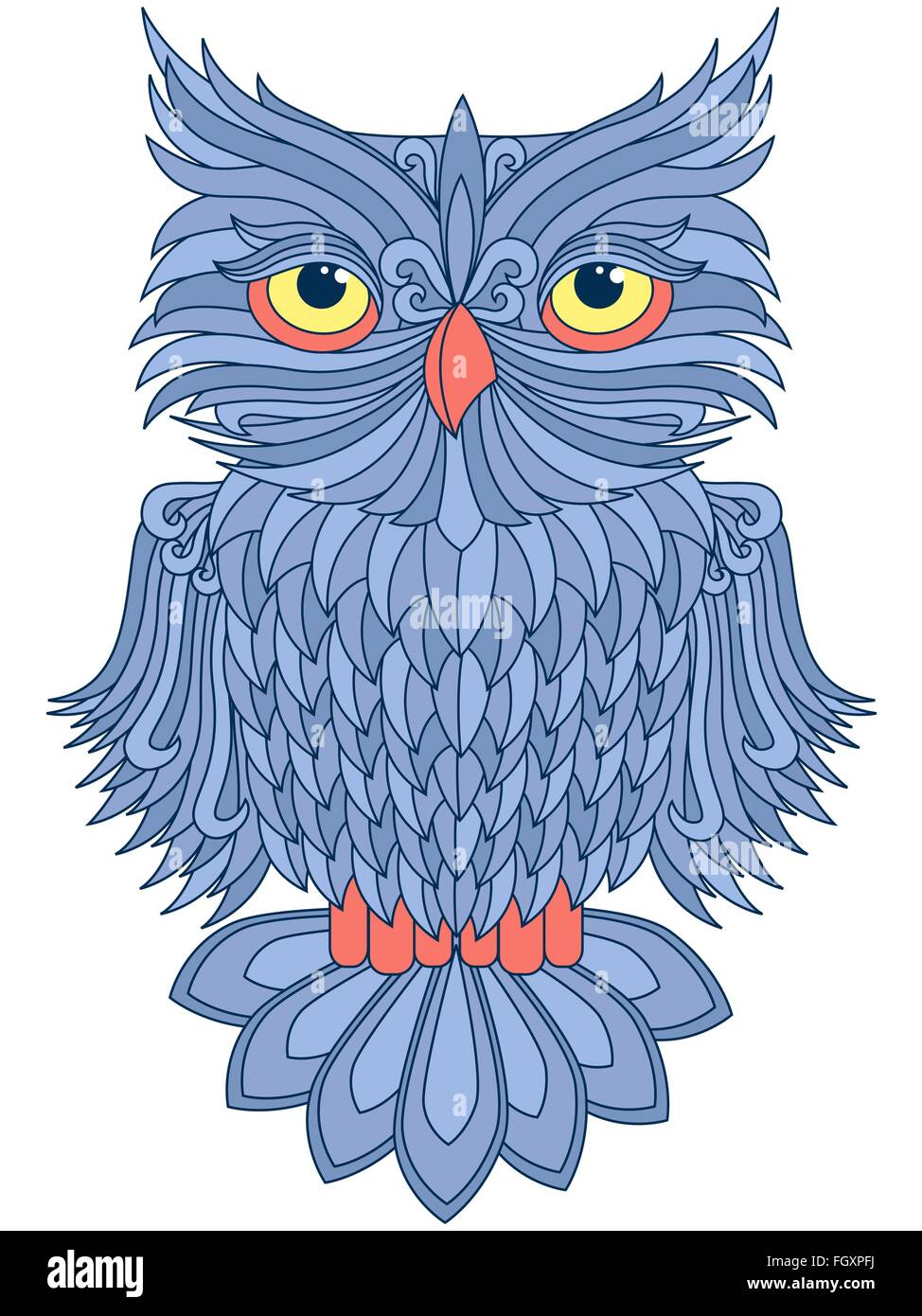 Amüsante große blaue Eule mit gelben Augen, die isoliert auf weißem Hintergrund, Cartoon-Vektorgrafiken Stock Vektor