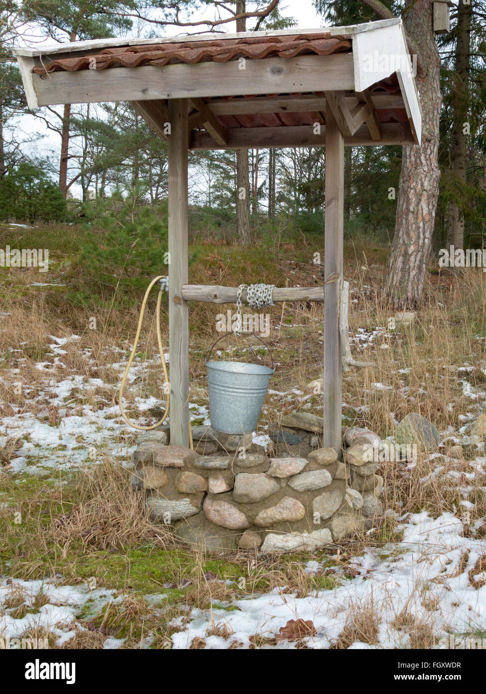 ein altes, gut im Wald mit einer Kette und einem Wasser-Angebot Stockfoto