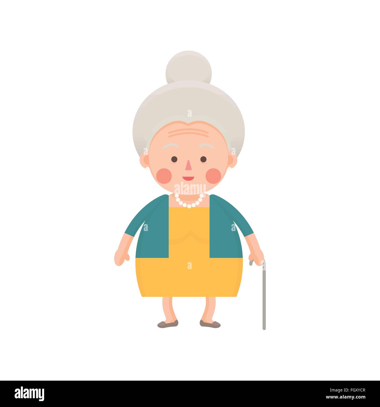 Vektor-Illustration der alten Frau im gelben Kleid mit Gehstock Stock Vektor