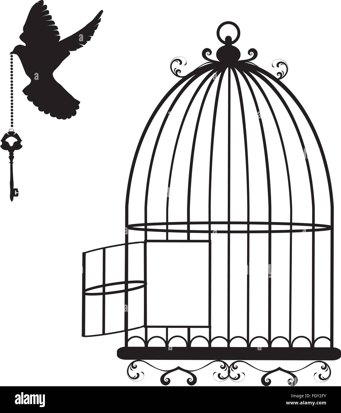 Vektor-Illustration einer fliegenden Taube mit einem Schlüssel und Käfig öffnen Stock Vektor