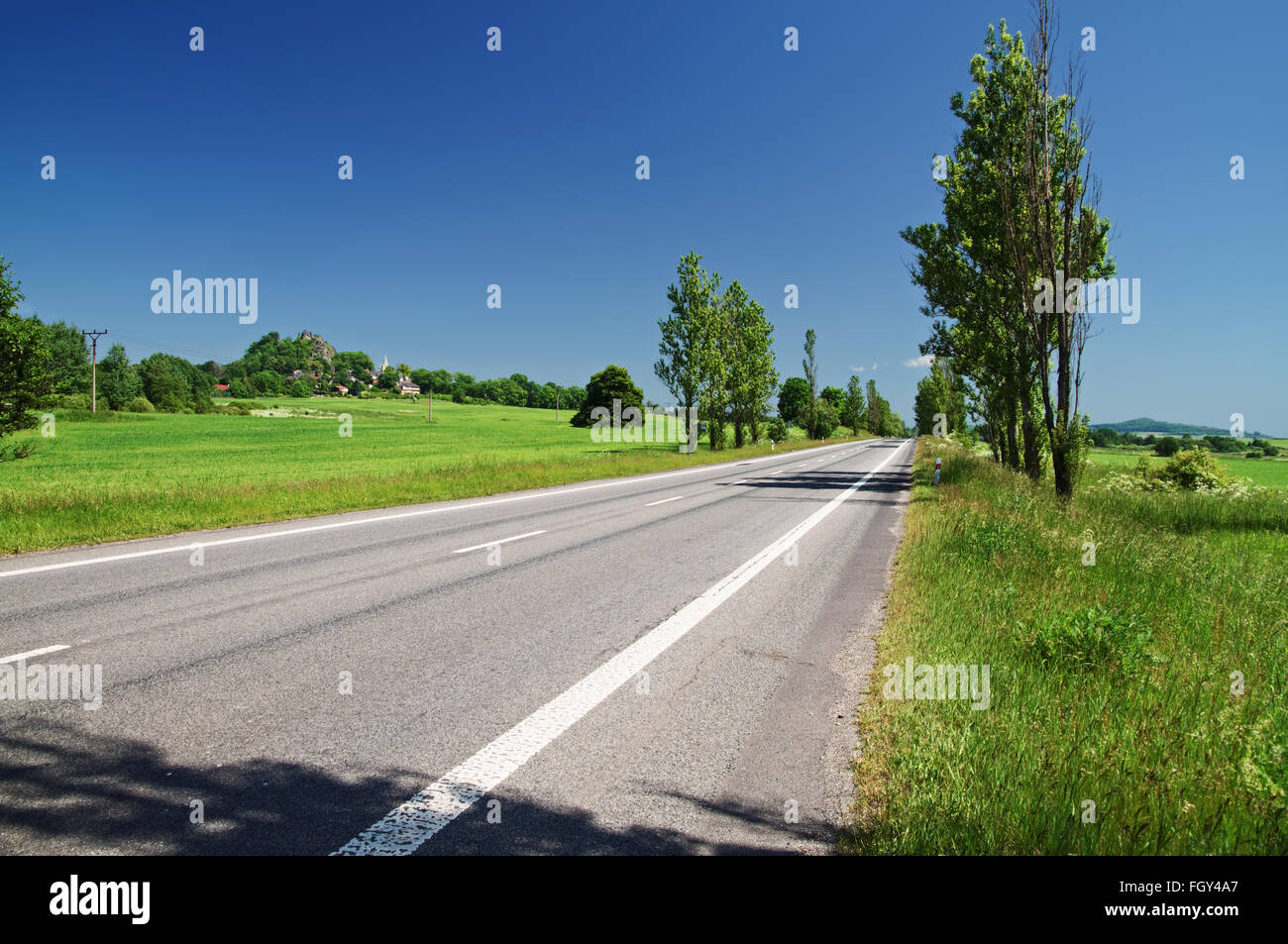 Eine leere Straße, gesäumt von Bäumen im ländlichen Landschaft, grüne Wiesen, Dörfer, Berg im Hintergrund Stockfoto