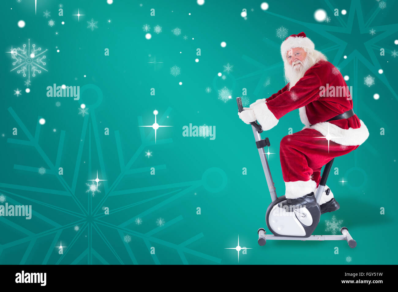 Zusammengesetztes Bild von Santa nutzt ein Hometrainer Stockfoto