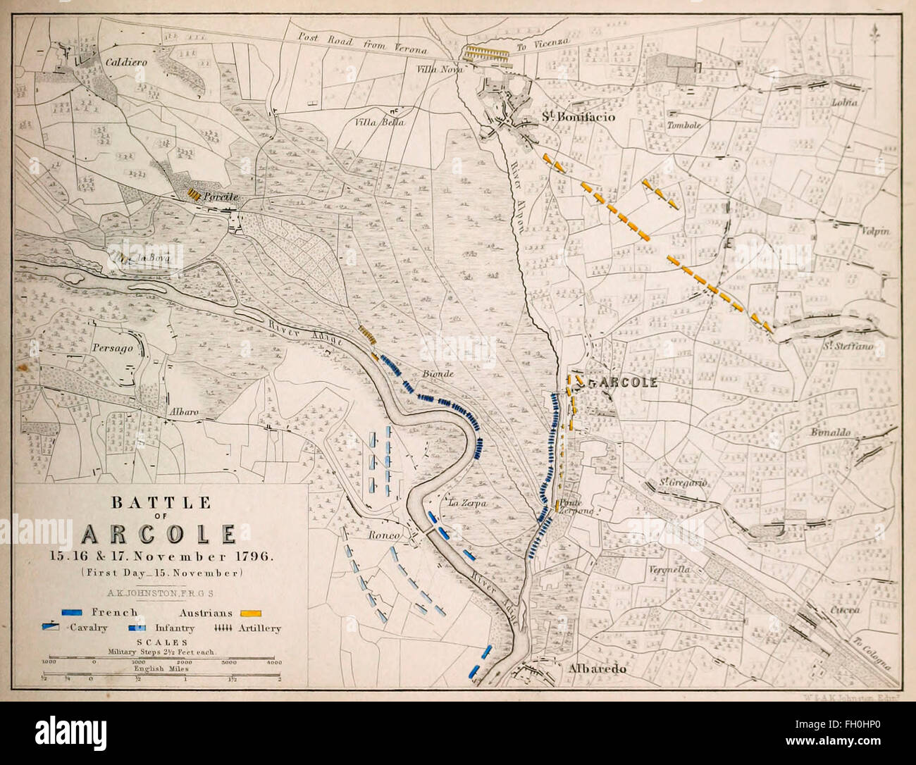 Karte der Schlacht von Arcole - 15, 16 und 17 November 1796. Die Schlacht von Arcole oder Schlacht von Arcola (15.-17. November 1796) war eine Schlacht zwischen französischen und österreichischen 25 Kilometer (16 Meilen) südöstlich von Verona während des ersten Koalitionskrieges, ein Teil von französische revolutionäre Kriege zwingt. Stockfoto