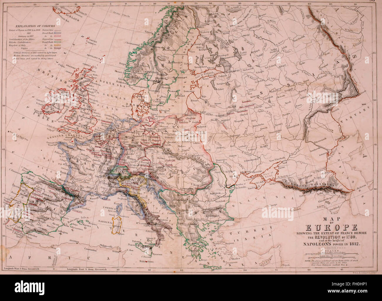 Karte von Europa zeigt das Ausmaß der Frankreich vor der Revolution von 1789 und auf dem Höhepunkt der macht Napoleons 1812 Stockfoto