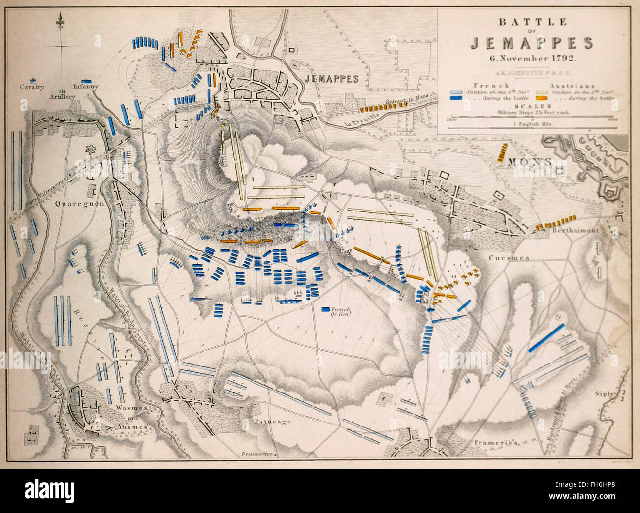 Karte der Schlacht von Jemappes (6. November 1792) fand nahe der Stadt von Jemappes im Hennegau, Belgien, in der Nähe von Mons während des ersten Koalitionskrieges, Teil von französische revolutionäre Kriege. Stockfoto