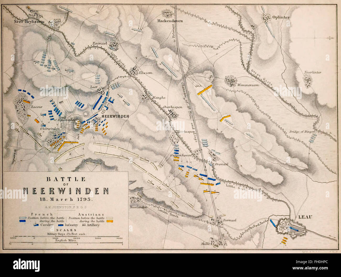 Karte der Schlacht von Neerwinden (18. März 1793) sah eine republikanische französische Armee von Charles François Dumouriez Angriff führte eine Koalition Armee unter dem Kommando von Prinz Josias von Sachsen-Coburg-Saalfeld. Stockfoto