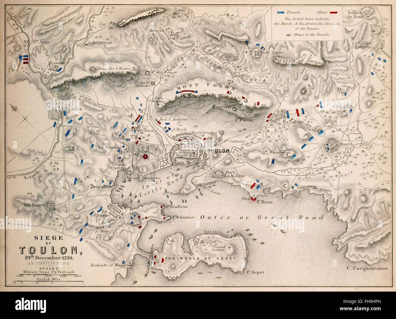 Karte der Belagerung von Toulon 19. Dezember 1793. Der Belagerung von Toulon (8. September - 19. Dezember 1793) war eine frühe republikanischen Sieg über einen royalistischen Aufstand in der südlichen französischen Toulon. Es ist auch der Fall von Toulon genannt. Stockfoto