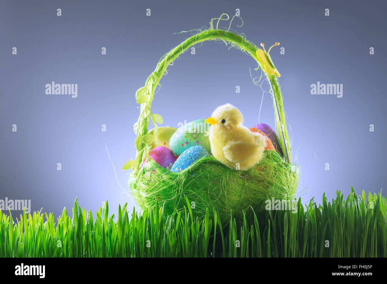 Ostern-Hintergrund mit Huhn und Ei Stockfoto