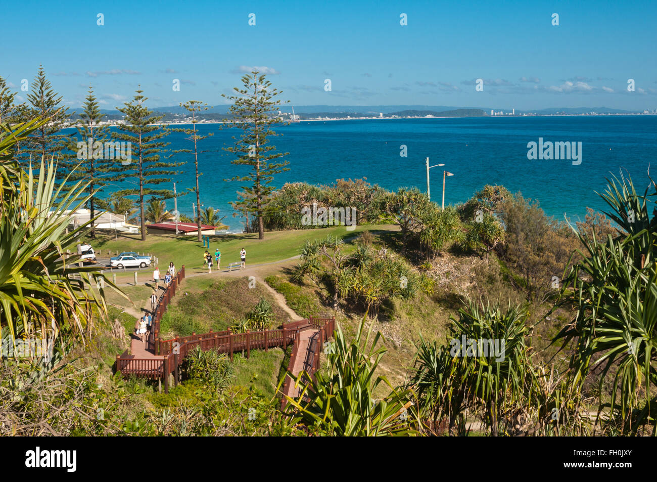 Strand, Promenade, Coolangatta, Gold Coast, Queensland, Australien, Strand, Promenade, Bäume, Natur, erwachen, Stockfoto