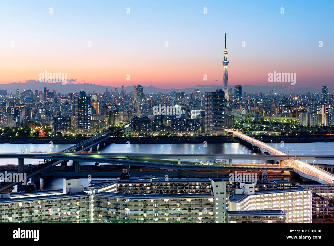 Tokyo; Japan - Januar 10; 2016: Tokyo Skyline in der Abenddämmerung, Ansicht von Asakusa Bezirk Sumida-Fluss und Skytree. Stockfoto