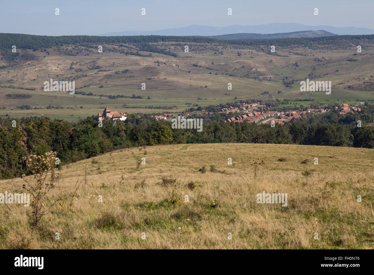 Landschaftsbild des Dorfes Viscri, Rumänien Stockfoto