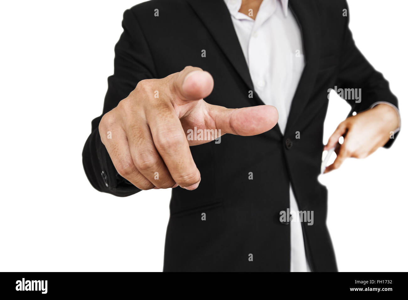 Geschäftsmann Zeigefinger, Tiefenschärfe, isoliert auf weißem Hintergrund Stockfoto