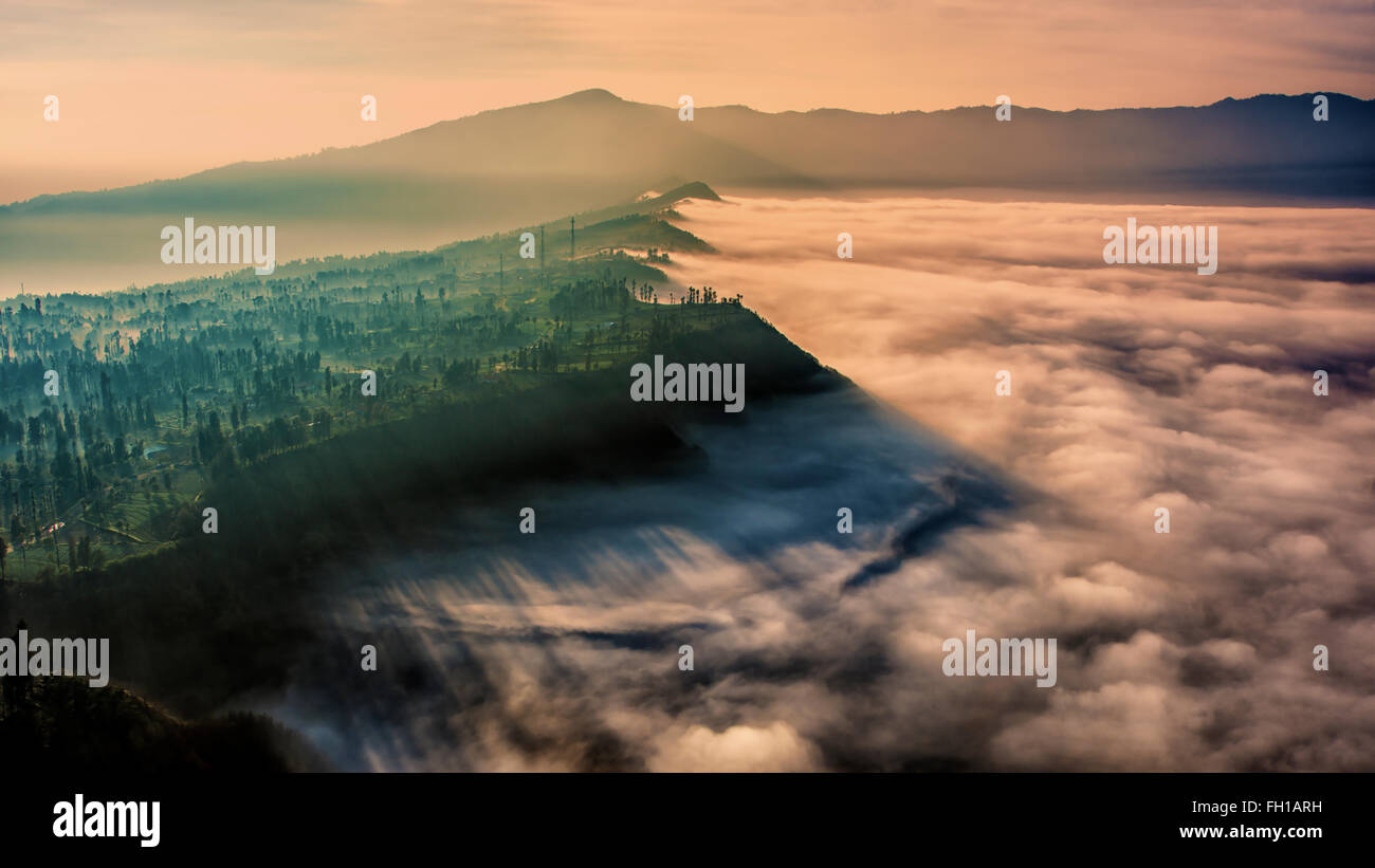 Rand der Caldera Bromo in den Nebel Stockfoto