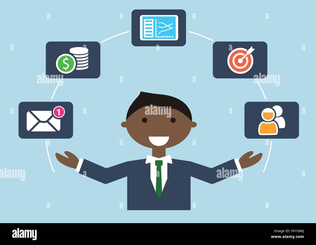 Menschen bei der Arbeit: Person Multitasking verschiedene Aktivitäten von Cartoon Charakter jonglieren visualisiert Elemente wie e-Mail, Budget, Ziel Stock Vektor