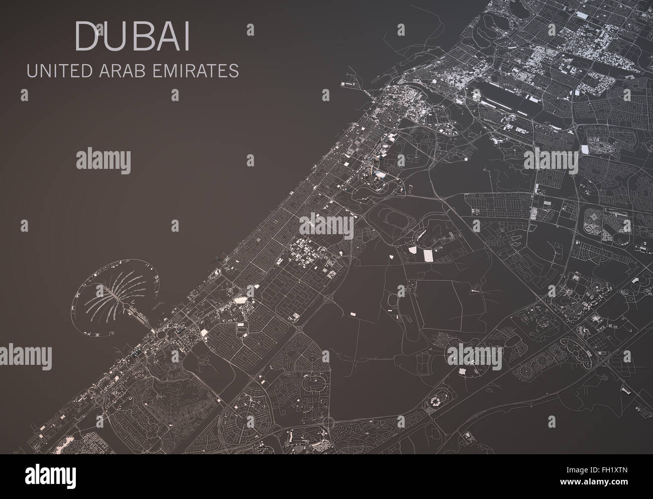 Dubai-Karte, Satellitenbild, Abschnitt 3d, Vereinigte Arabische Emirate Stockfoto