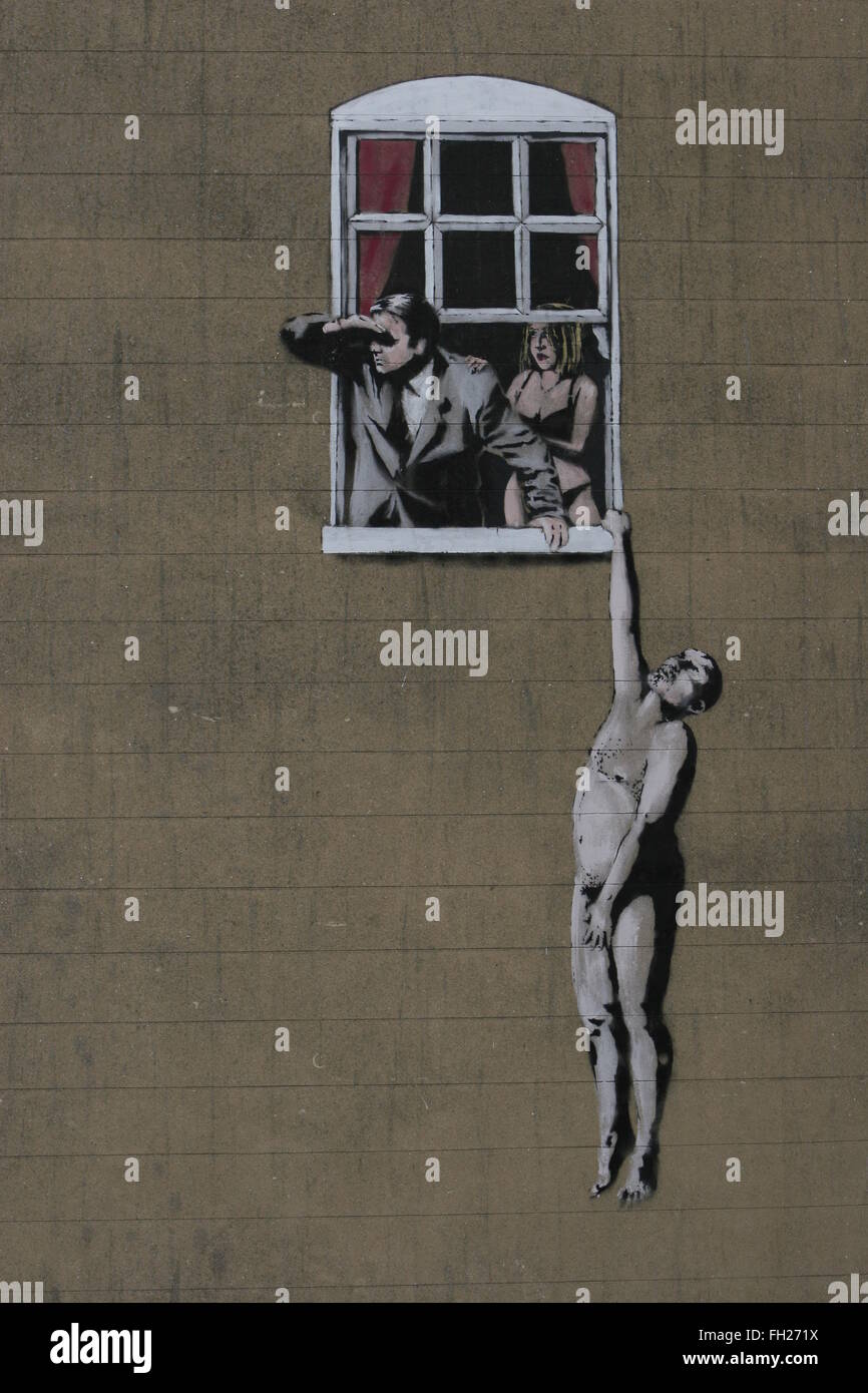 Banksy Graffiti-Kunst, Frogmore Straße, Bristol Stockfoto