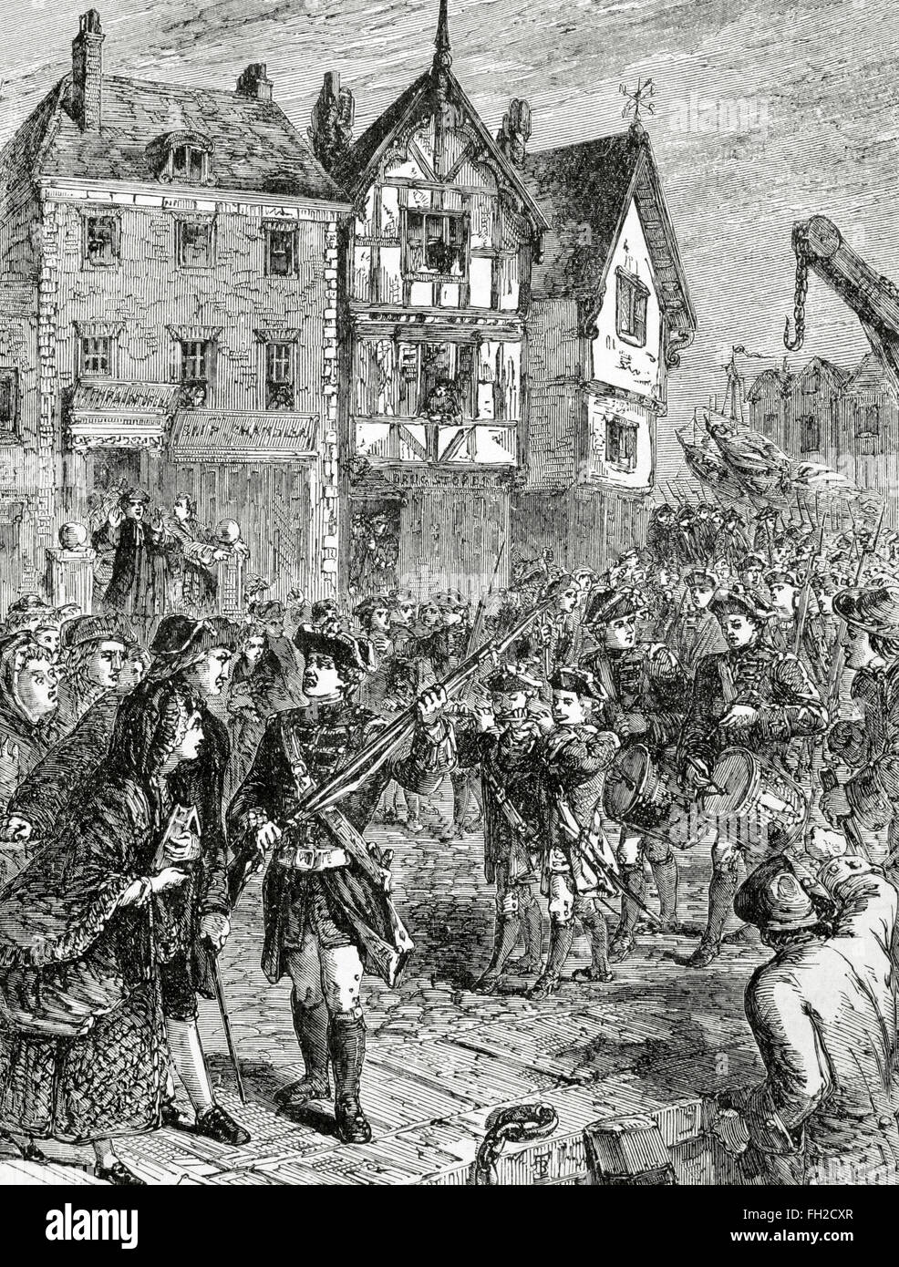 Amerikanischer Unabhängigkeitskrieg (1775-1783). Boston. Bürgerinnen und Bürger feindselig gegenüber den britischen Soldaten. Gravur. des 19. Jahrhunderts. Stockfoto