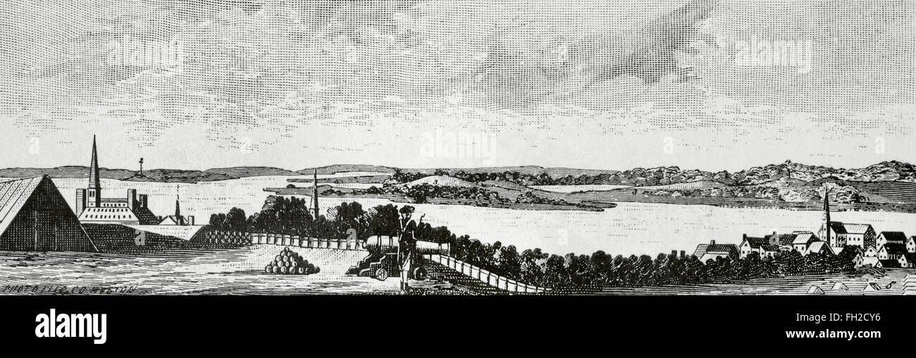 Amerikanischer Unabhängigkeitskrieg (1775-1783). Die Belagerung von Boston (1775-1776) von der britischen Armee. Gravur. Stockfoto