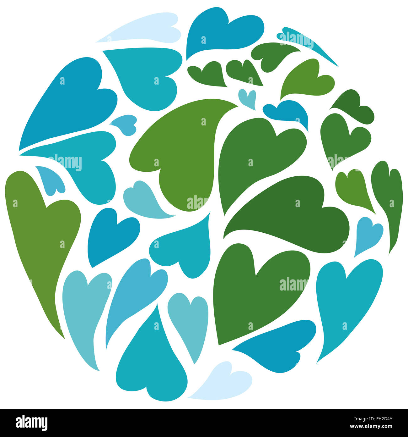 Planet Erde aus den Herzen aufgebaut. Symbol des Friedens. Afrika in der Mitte. Stockfoto