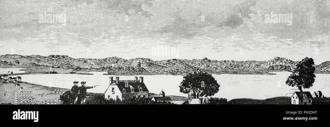 Amerikanischer Unabhängigkeitskrieg (1775-1783). Die Belagerung von Boston (1775-1776) von der britischen Armee. Gravur. Stockfoto