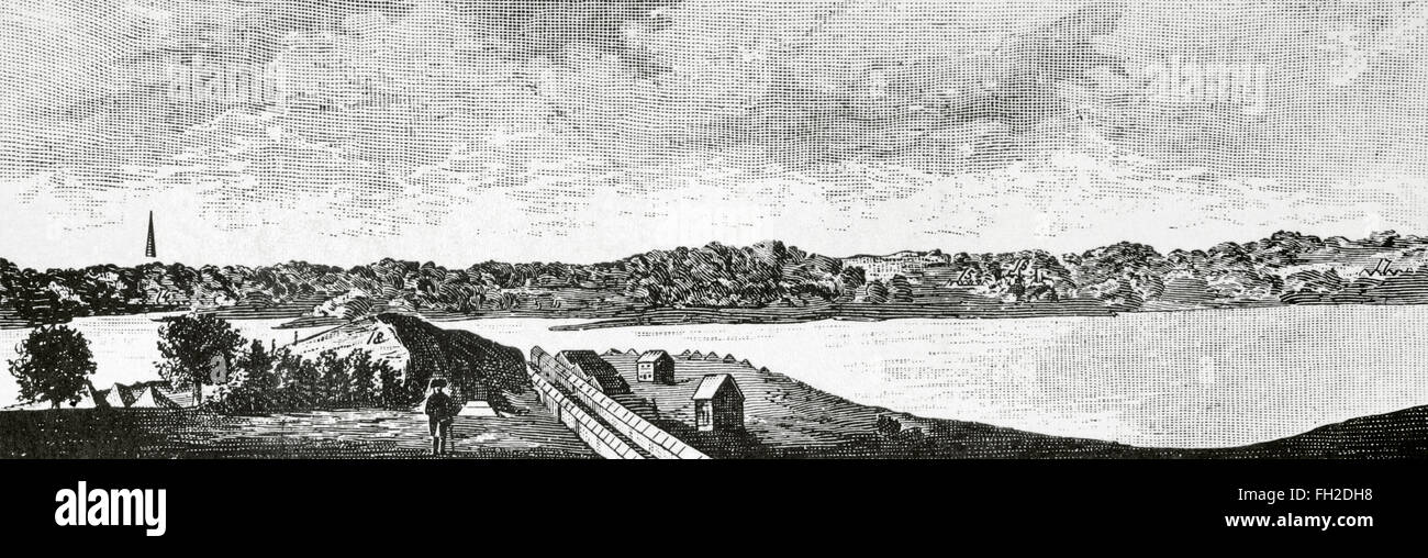 Amerikanischer Unabhängigkeitskrieg (1775-1783). Die Belagerung von Boston (1775-1776) von der britischen Armee. Gravur. Stockfoto