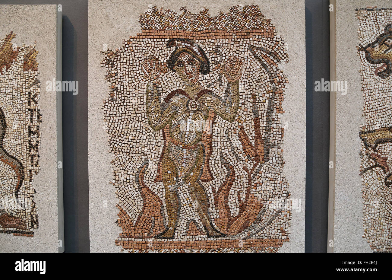 Römisches Mosaik. Nordsyrien 5. / 6. Jahrhundert n. Chr.. Es erzählt von drei Hebräer wie durch ein Wunder überlebt, nachdem er ins Feuer geworfen. Stockfoto