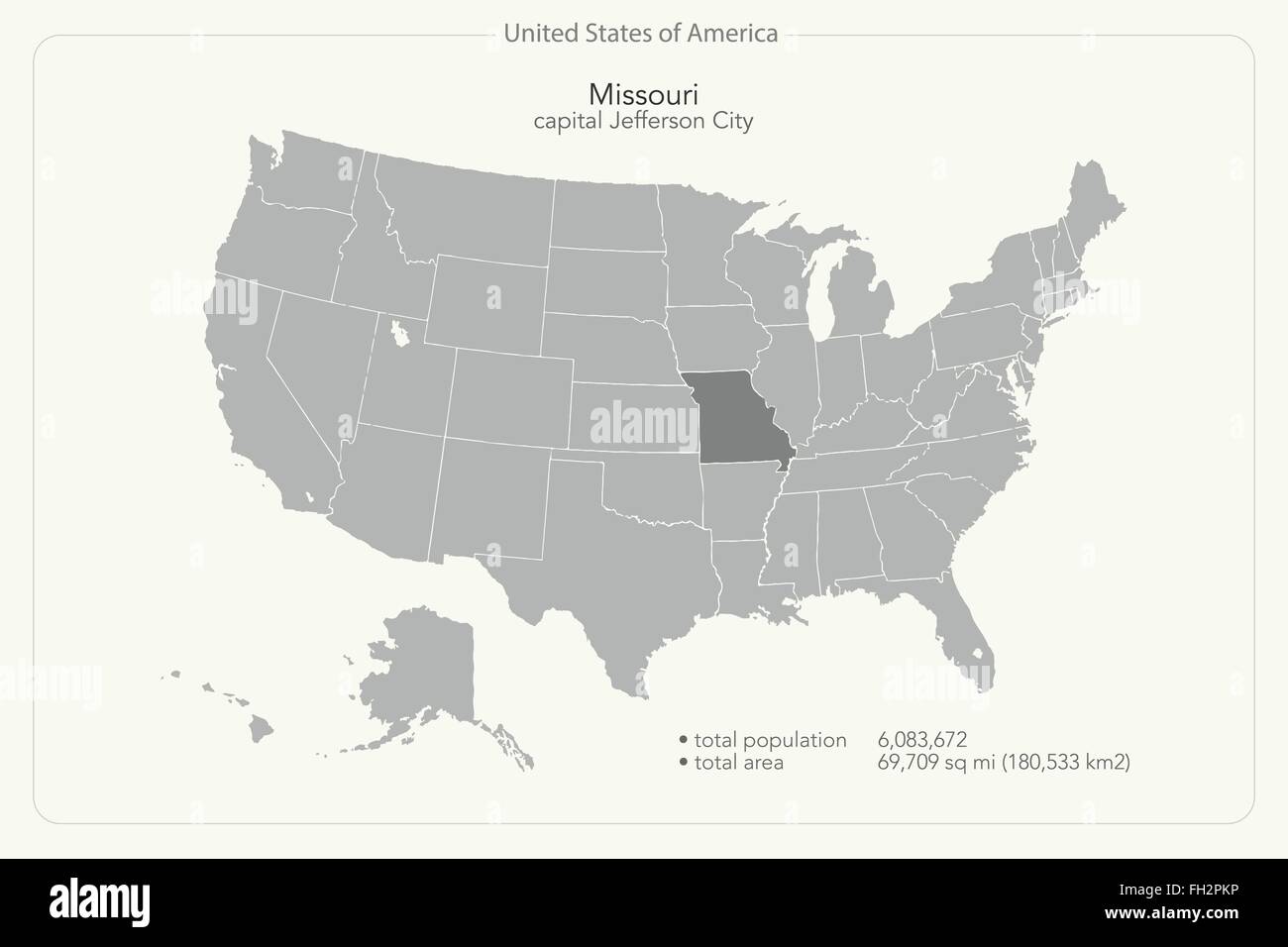 Vereinigte Staaten von Amerika isoliert Karte und Missouri Staatsgebiet. politische Karte der 