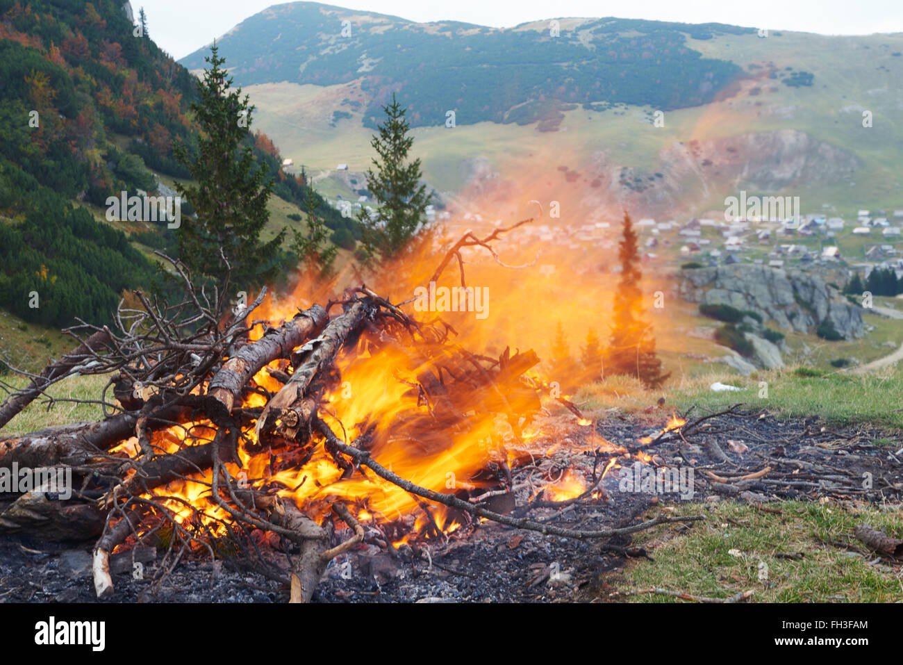 Wandern Menschen bereiten leckere Würstchen am Lagerfeuer Stockfoto