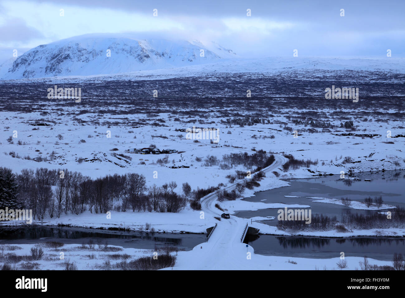 Winter Schnee Blick über Pingvellir Nationalpark, UNESCO-Weltkulturerbe, Süd-West-Island, Europa. Stockfoto