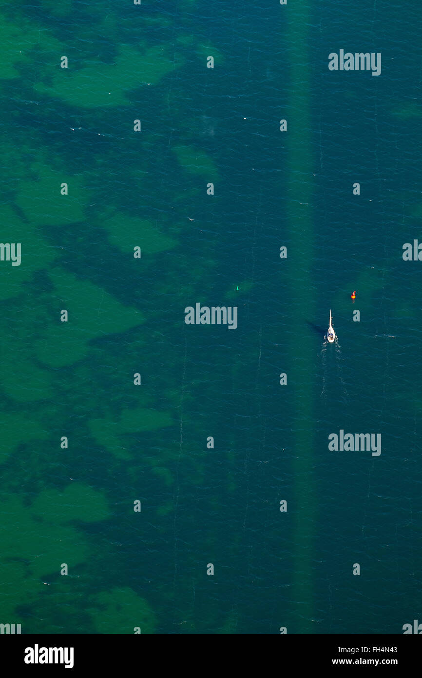 Luftaufnahme, Naturschutzgebiet Düne Heide, Moor, Segelboot in der grünen Wasser, Hiddensee Ostseeinsel Mecklenburg-Vorpomm Stockfoto