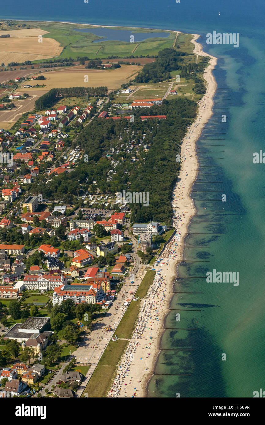 Antenne, Meer, Strand, Strandkörbe, Bootshafen, Segelboot Hafen, Pier, am Meer, Wellness, Kühlungsborn, Ostsee, Sandbank, ball, Stockfoto