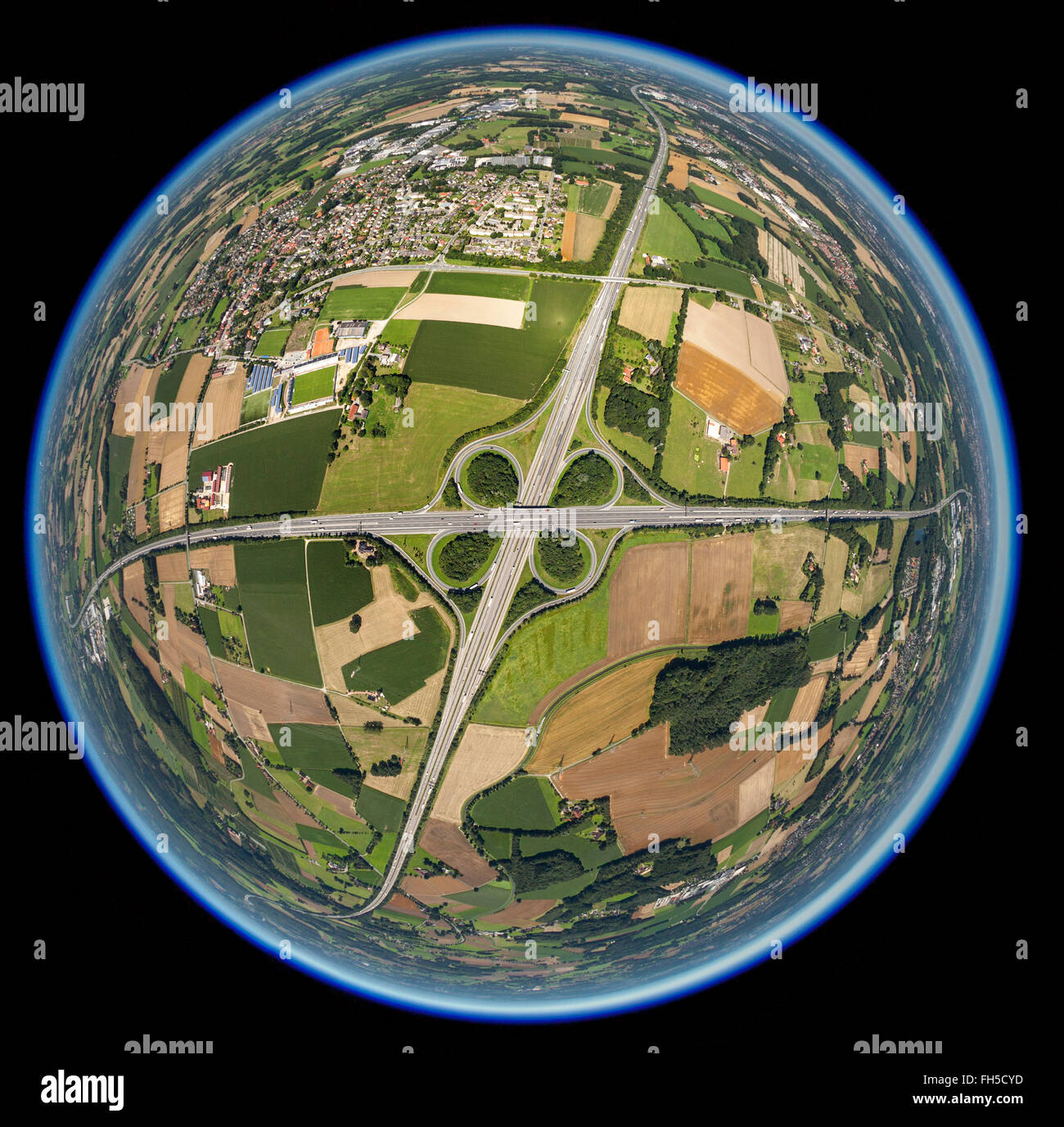 Luftaufnahme, Autobahnkreuz Lotte Osnabrück, A30 A1 E30 E37, Lotte, Fisch Augenlinse, Runde Bild, Niedersachsen, Stockfoto