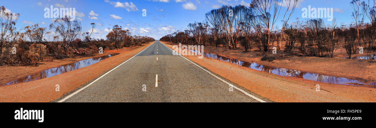 breites Panorama der leeren remote-Straße über rote Erde outback Verlegung nach Buschfeuer in Westaustralien Stockfoto