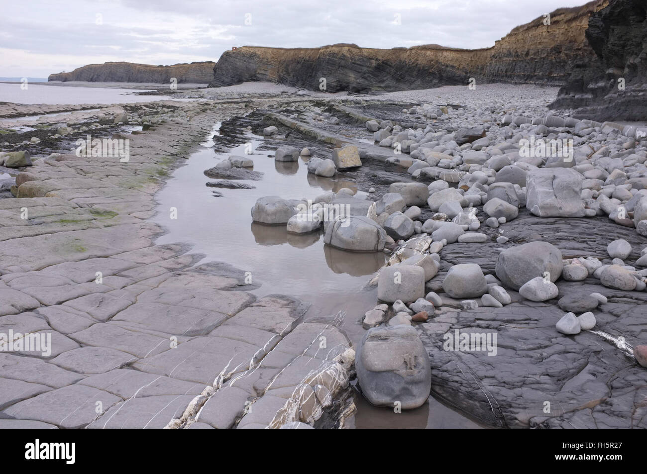 Freiliegende Schichten der Jurazeit bilden das Vorland und Gezeitenbecken am Kilve Strand, Somerset, Großbritannien Stockfoto