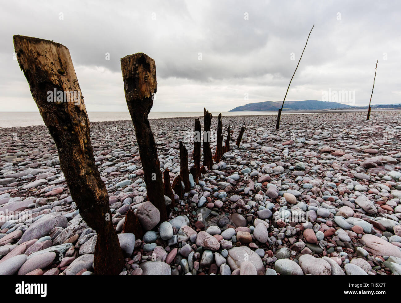 Verwitterte Buhnen am Boulder Strand von Porlock Wier an der Küste des Exmoor National Park UK mit Blick auf Hurlstone Punkt Stockfoto