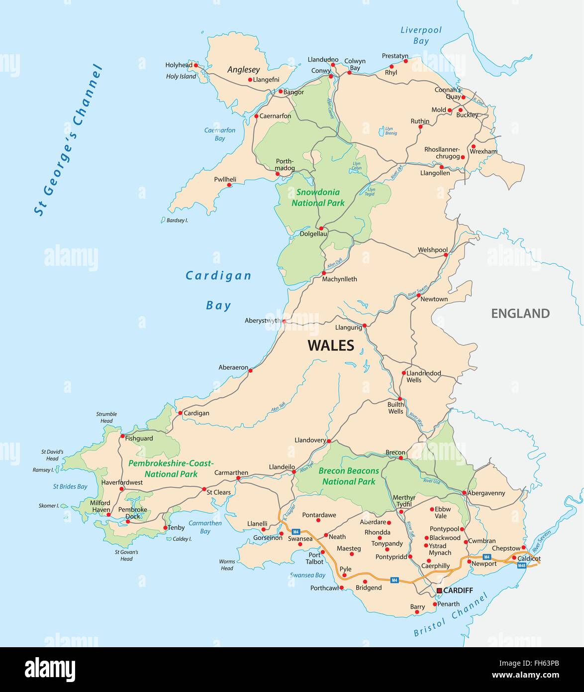 Wales Road und Nationalpark Karte Stock Vektor