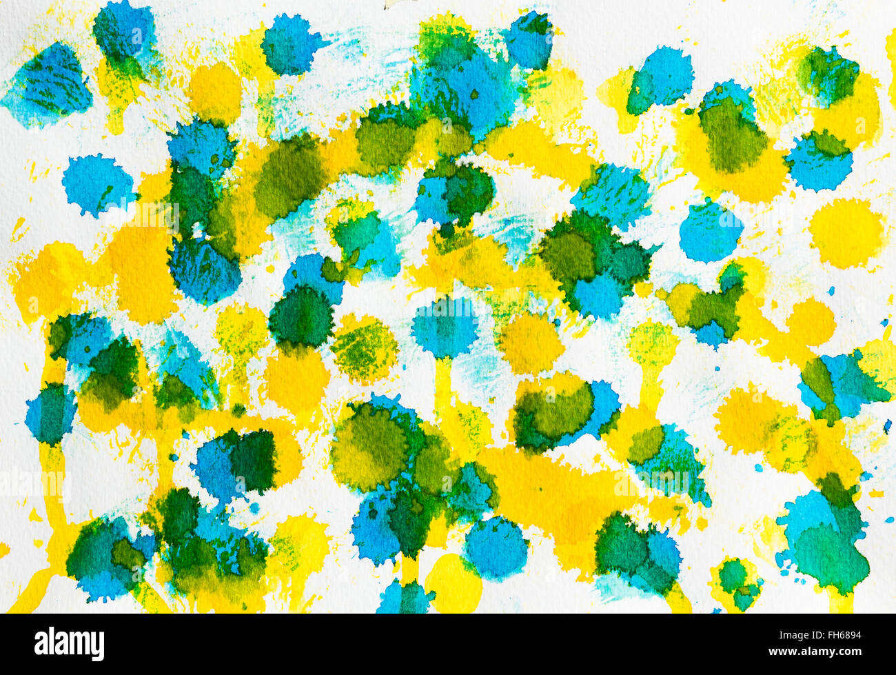 Aquarell blau gelb mix Zusammenfassung Hintergrund. Auf weissem grobkörniges Papier gemalt. Zu Verwenden wie eine Textur oder Design Element. Stockfoto
