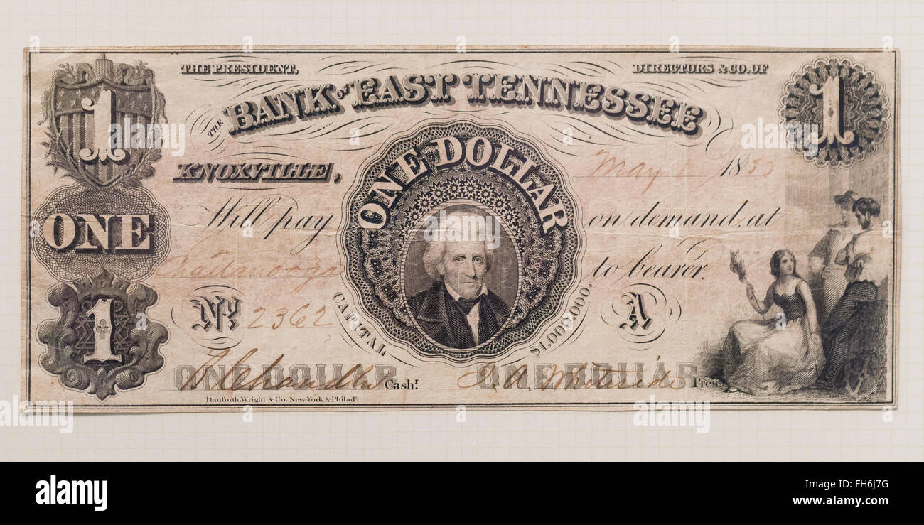 Bank of East Tennessee 1 Dollar Banknote gedruckt von American Banknote Company, ca. 1860 s - USA Stockfoto
