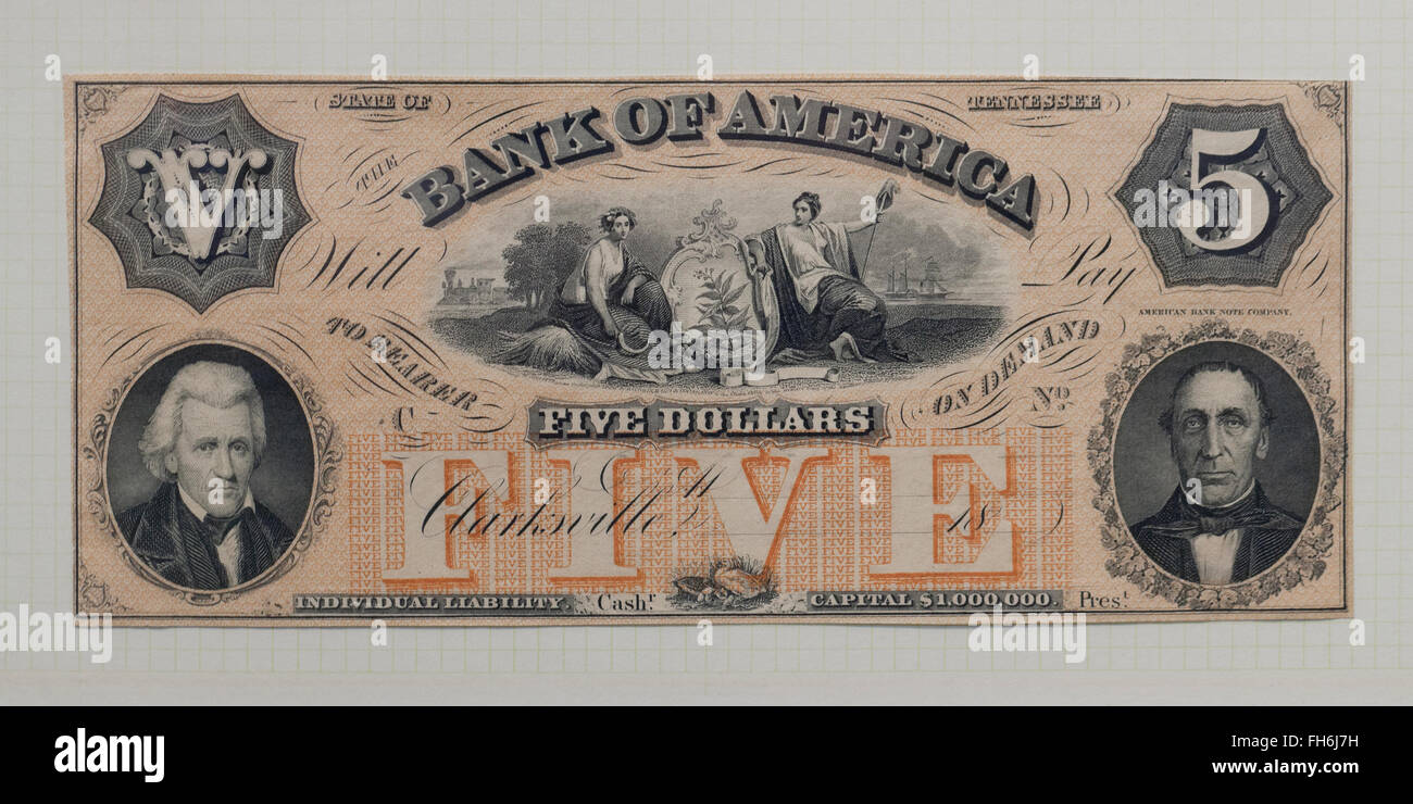 Bundesstaat Tennessee Bank von Amerika 5 $ Banknote gedruckt von American Banknote Company, ca. 1860 s - USA Stockfoto