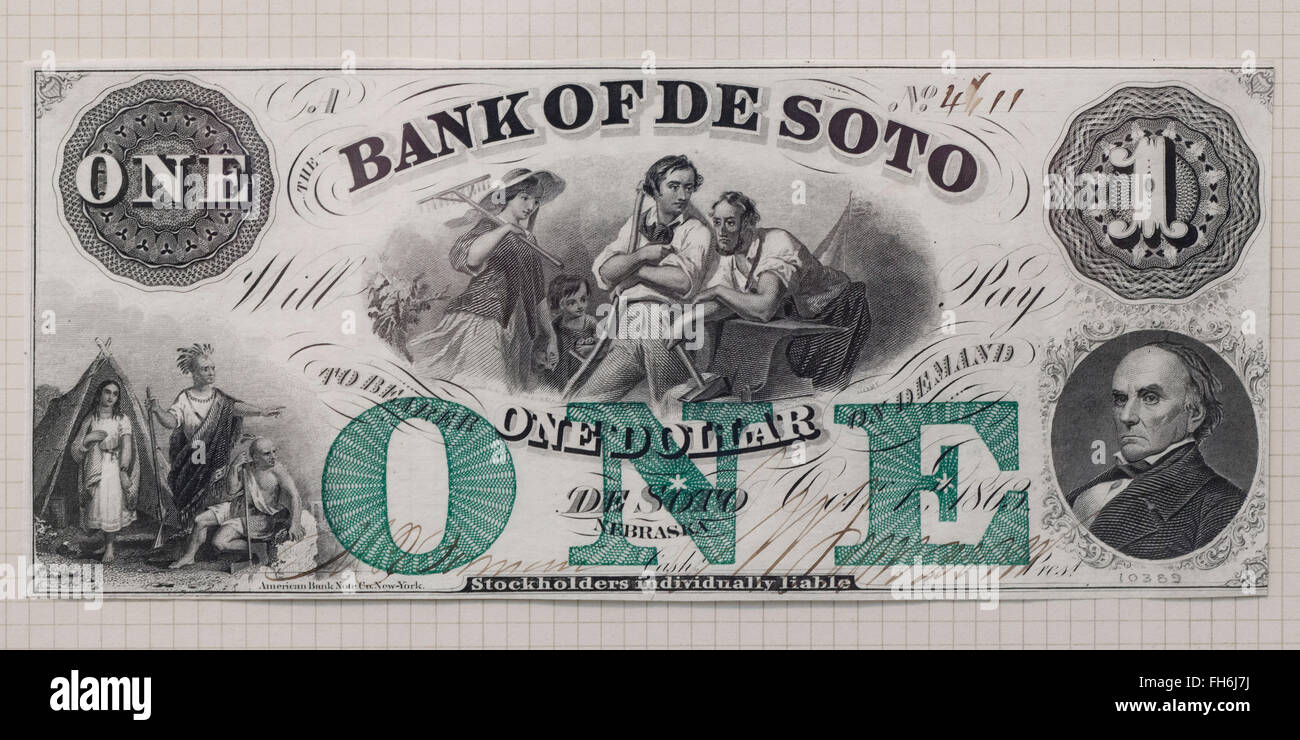 Bank von De Soto 1 Dollar Banknote gedruckt von American Banknote Company, ca. 1860 s - USA Stockfoto