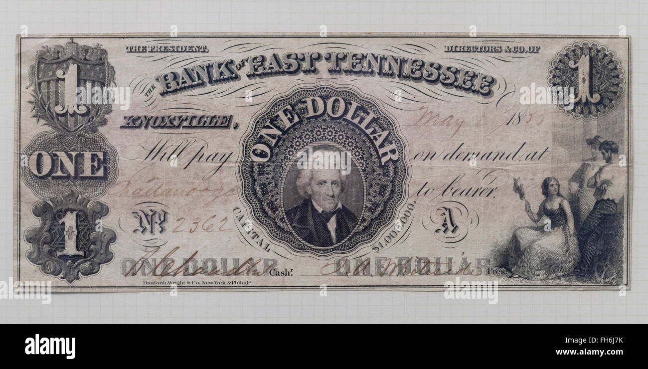 Bank of East Tennessee 1 Dollar Banknote gedruckt von American Banknote Company, ca. 1860 s - USA Stockfoto