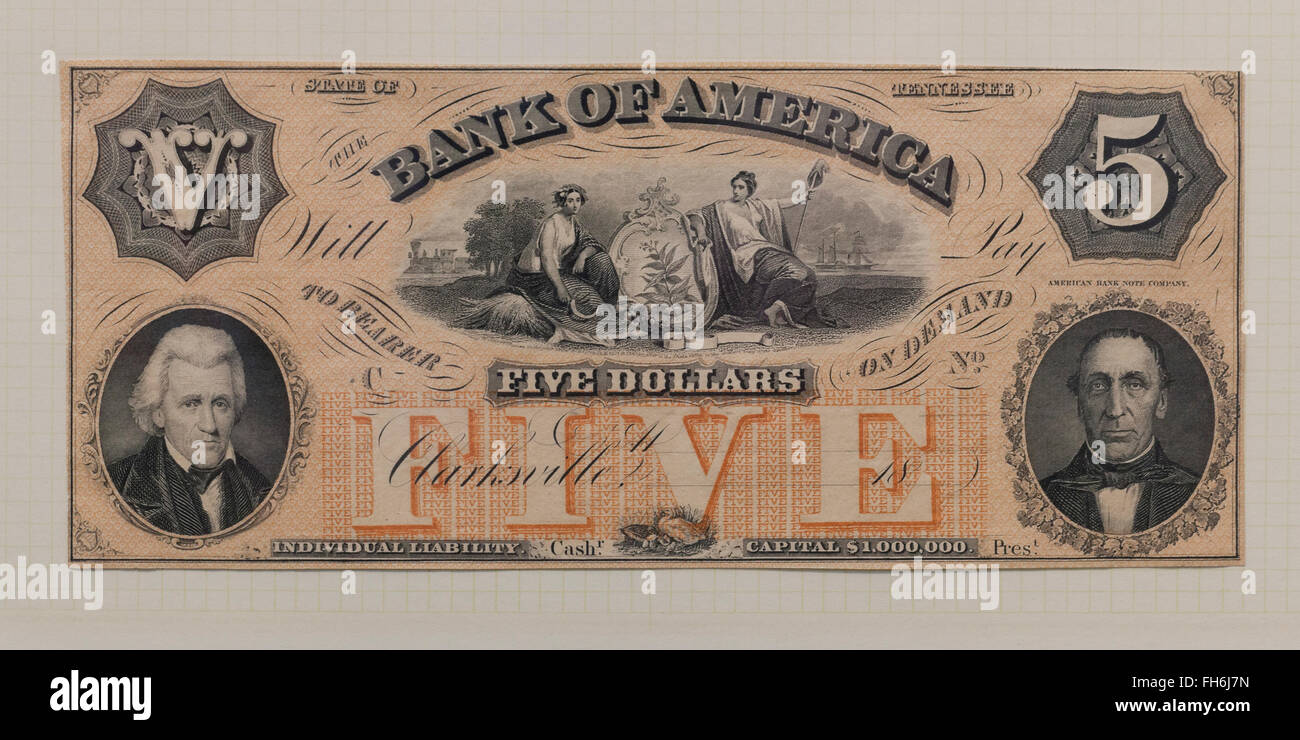 Bundesstaat Tennessee Bank von Amerika 5 $ Banknote gedruckt von American Banknote Company, ca. 1860 s - USA Stockfoto