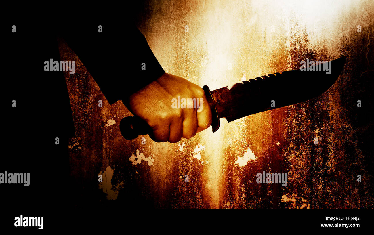 Horror-Szene von Mann mit Messer, Serienmörder oder Gewalt Konzept Hintergrund Stockfoto