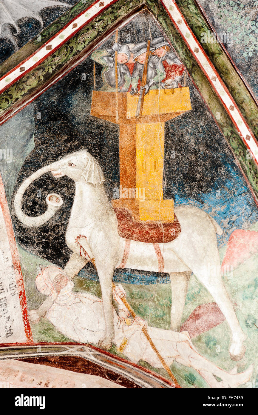 Gotisches Fresko, Eleazar Awaran tötet den Krieg Elefant Soliman und ist 3 zerkleinert. Kloster, Kathedrale, Brixen, Südtirol Stockfoto