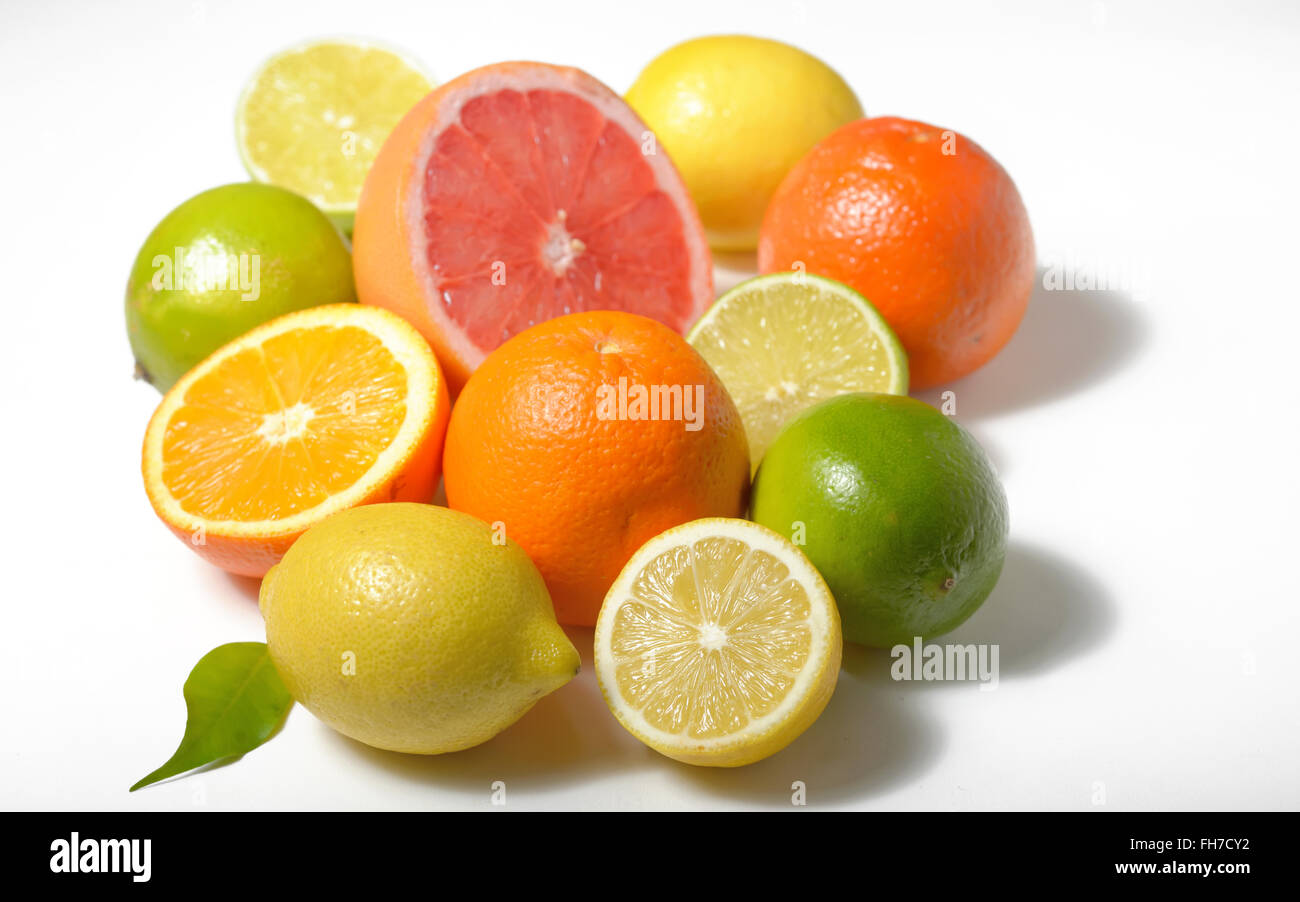 Zitrusfrüchte Zitrone, Limette, Grapefruit, Orange, isoliert auf weiss Stockfoto