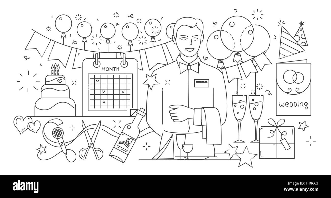 Linie-Stil-Design-Konzept der Sonderveranstaltung und alles Gute zum Geburtstag-Partei-Organisation, catering-Service-Agentur Stock Vektor