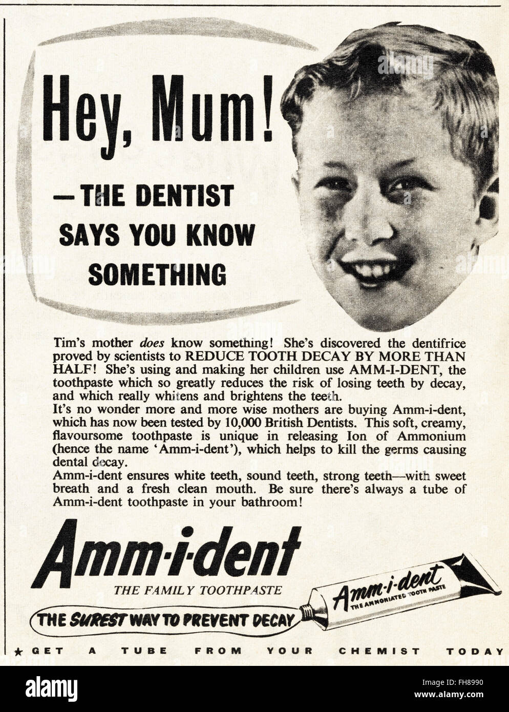 Original Vintage Anzeige aus der 1950er Jahre. Anzeige vom 1956 Werbung Amm-i-Dent Zahnpasta. Stockfoto