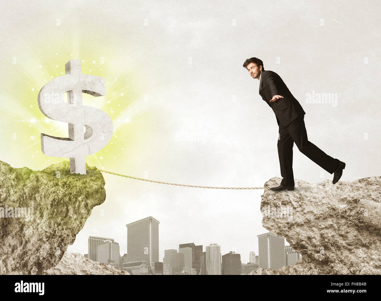 Geschäftsmann am Rock Mountain mit ein-Dollar-Marke Stockfoto