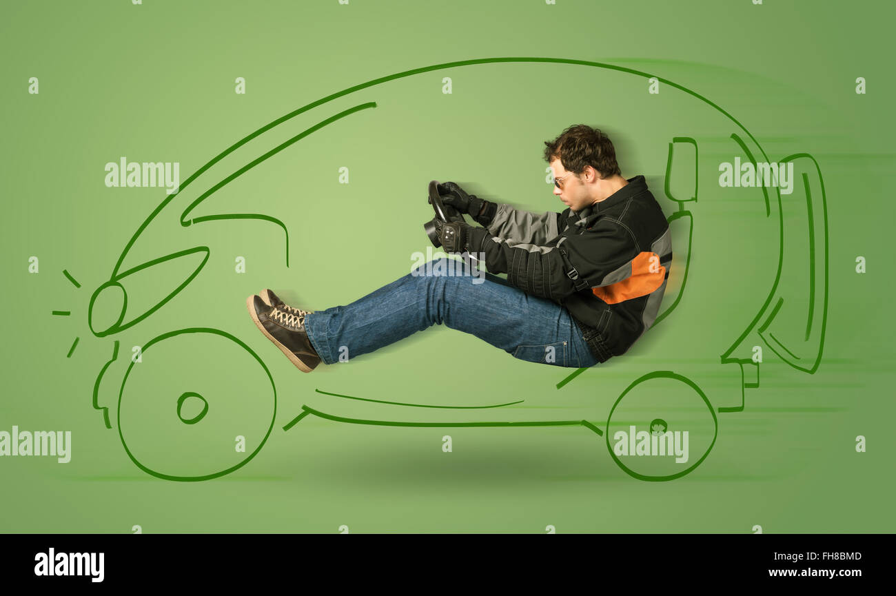 Mann fährt ein Eco friendy Elektrohand gezogenen Wagen Stockfoto